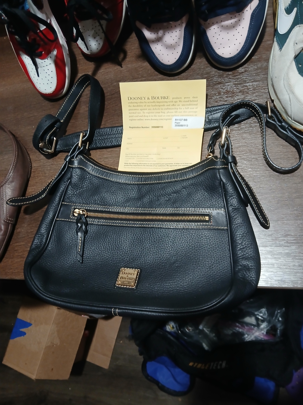 Vintage Dooney & Bourke Black Pebbled Leather Handbag Red Interior UNWORN + Card